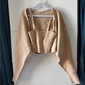 Tan Ribbed Knit Cardigan and Crop Top Set
